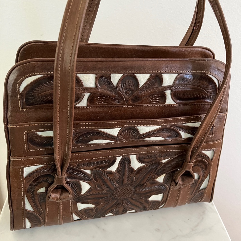 Vintage Tooled Leather Top Handle Purse Bag Dark Chocolate Brown White Two Tone